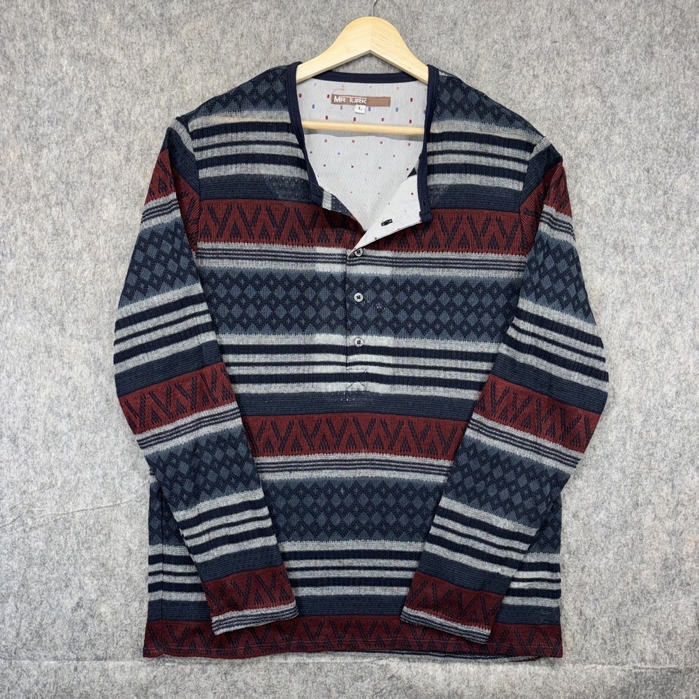 Mr. Turk Trina Turk Long Sleeve Popover Shirt Men's Large Knit Striped Blue Red